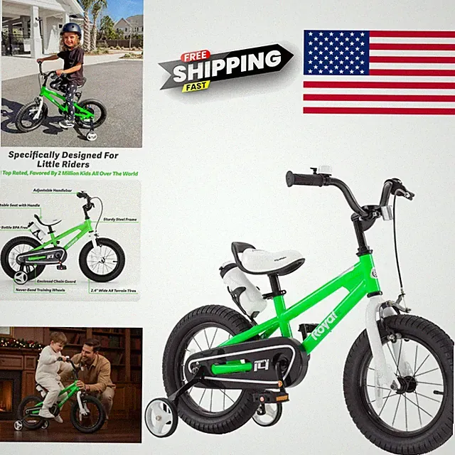 Kids Freestyle Bike 14 Inch Green Carbon Steel Rigid Frame with Training Wheels