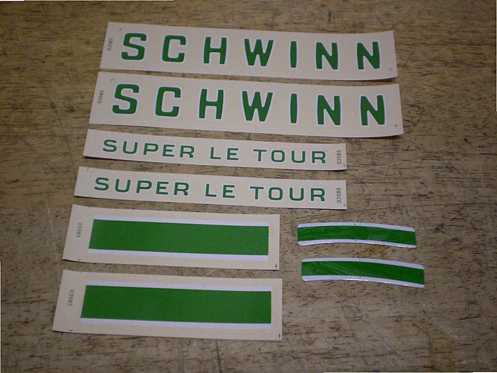 NOS Mint Schwinn Bicycle Green Super Le Tour Down Tube and Seat Tube Decal Set