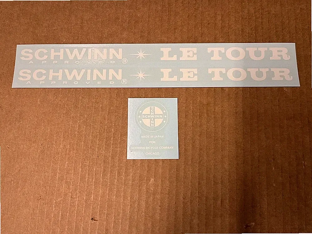 Schwinn Approved White Le Tour Bicycle Down Tube & Seat Tube Decal Set